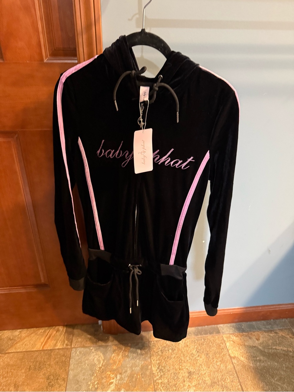 NEW size L Baby Phat Black & Pink Velour Hoodie Jacket/Mini Dress w/ Shorts